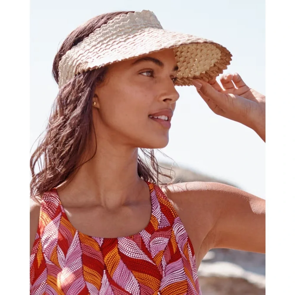 Lusana Baha Tan Iridescent Woven Straw Visor Scalloped Edge Sun Hat Elastic Back